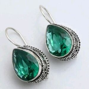 Green Apatite Gemstone 925 Sterling Silver Handmade Drop Dangle Earrings 1.4"